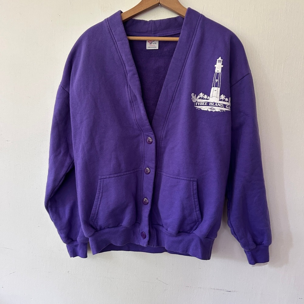 ESY Sportswear Cardigan Women L/XL Purple Tybee Island Lighthouse VTG Coastal